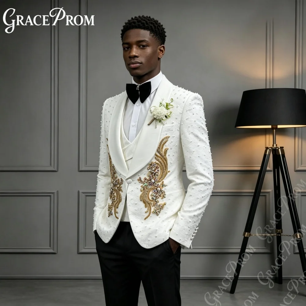Opulent Pearl Covered Men Tuxedo 3 PCS Formal Party Wear Premium Shawl Slim Fit Suit Sets Golden Floral Wedding Groom Suits