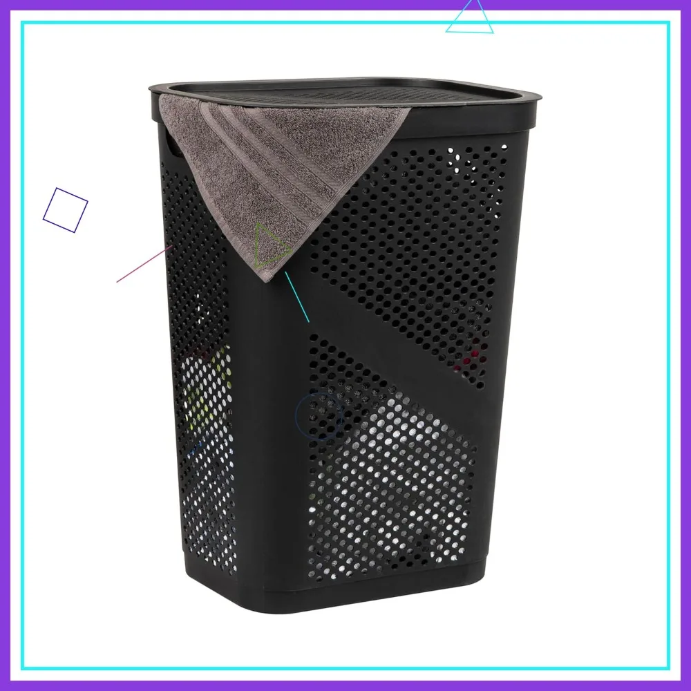 

Slim Laundry Hamper with Lid, 60L Ventilated Clothes Basket, Space-Saving for Home Use