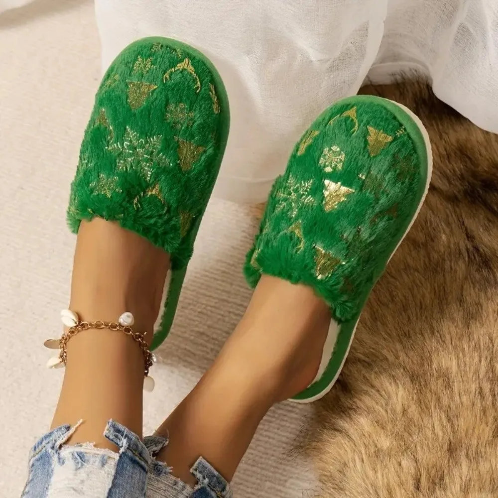 Non-Slip Round Toe Slippers Soft Elk Xmas Tree Print Christmas House Slippers Golden Snowflake Warm Couple Slippers Holiday