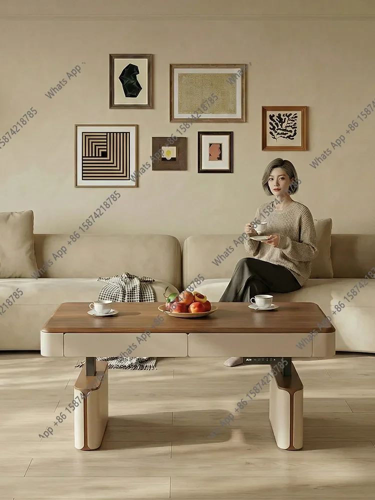 N36 Lifting coffee table dining table dual-purpose two-in-one  household multi-functional balcony solid wood tea table rectangul