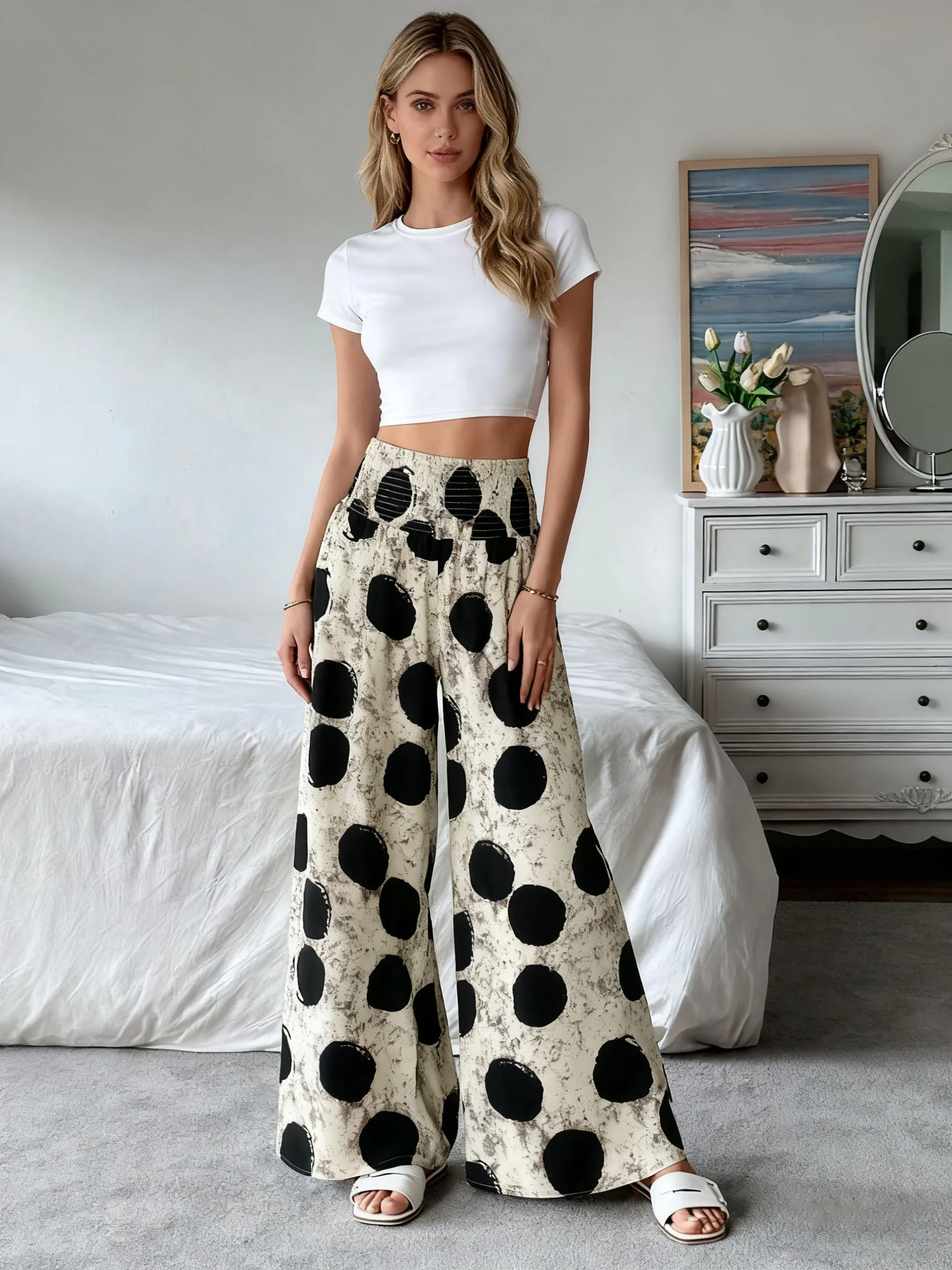 Pantaloni a Gamba Larga da Donna Stile Retrò a Pois con Vita Alta Arricciata ed Elastica per Primavera ed Estate, Casual per Vacanze e Ufficio