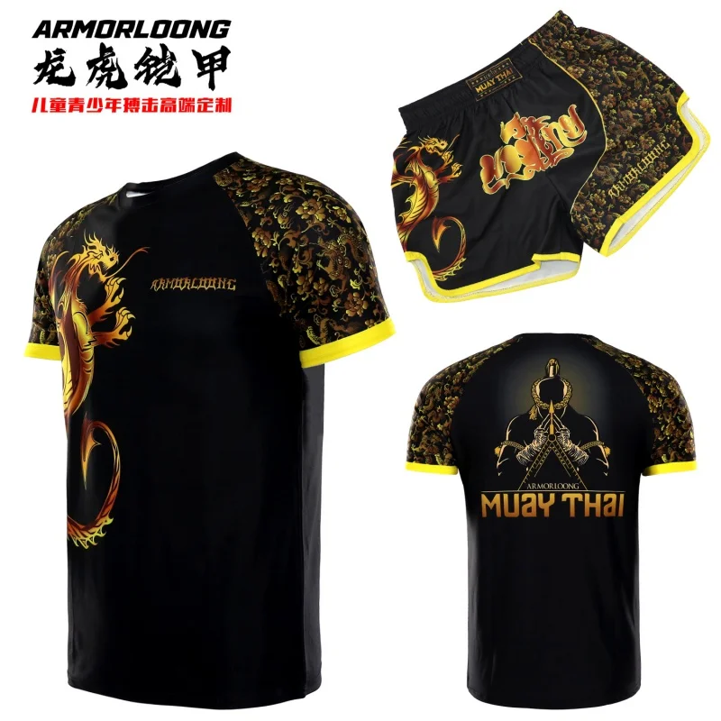 Muay Thai t-shirt a maniche corte tuta da boxe sport completo da allenamento da combattimento pantaloncini MMA tuta da drago dorato per bambini