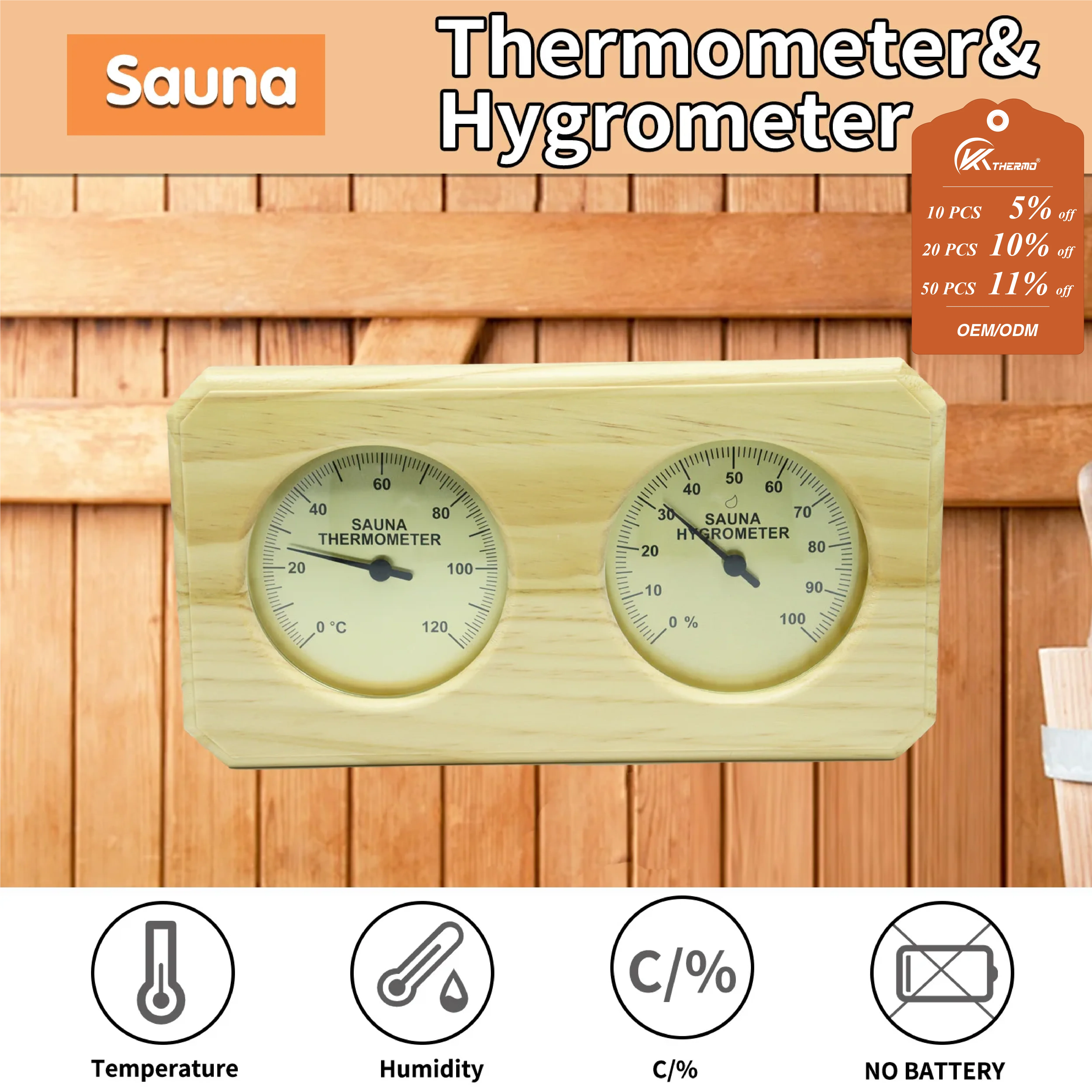 Wooden Sauna Thermometer & Hygrometer - Dual Gauge Indoor Temperature and Humidity Meter for Bath House, Spa, Infrared Sauna