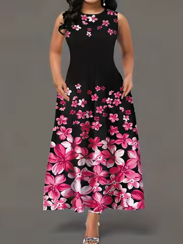 Plus Size Women's Floral Maxi Dress, Sleeveless Round Neck Flowy Long Dress with Pockets for Casual Party Evening