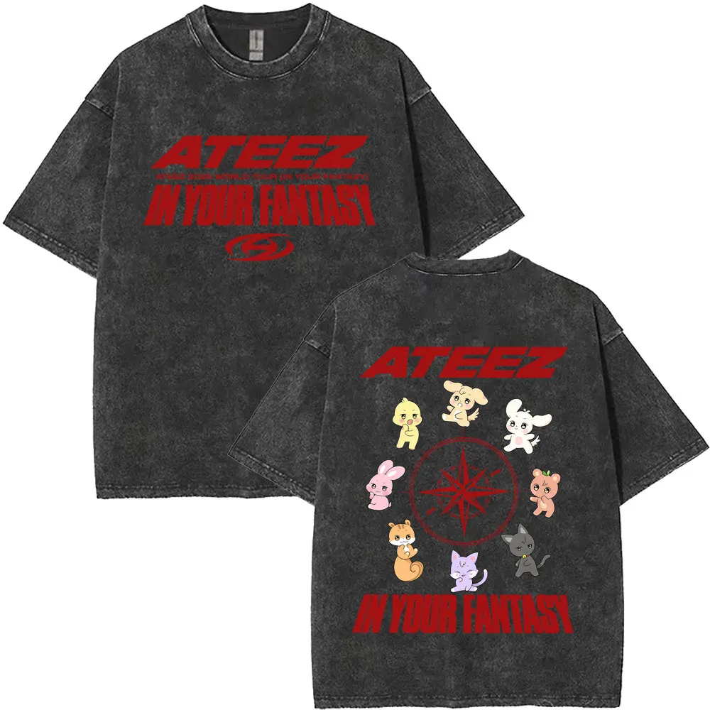

Vintage Washed ATEEZ Funny Meme T-shirt 2025 World Tour in Your Fantasy T Shirts Men Women Korean Fashion Trend Kpop Streetwear