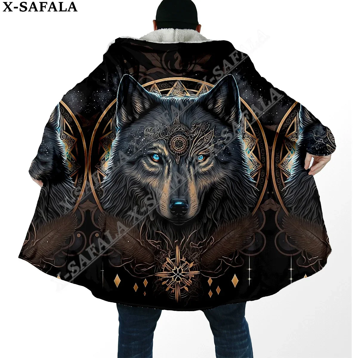 

Tattoo Viking Wolf King 3D Print Dream Cloak Thick Warm Hooded Men Overcoat Coat Windproof Fleece Cape Robe Blanket-7