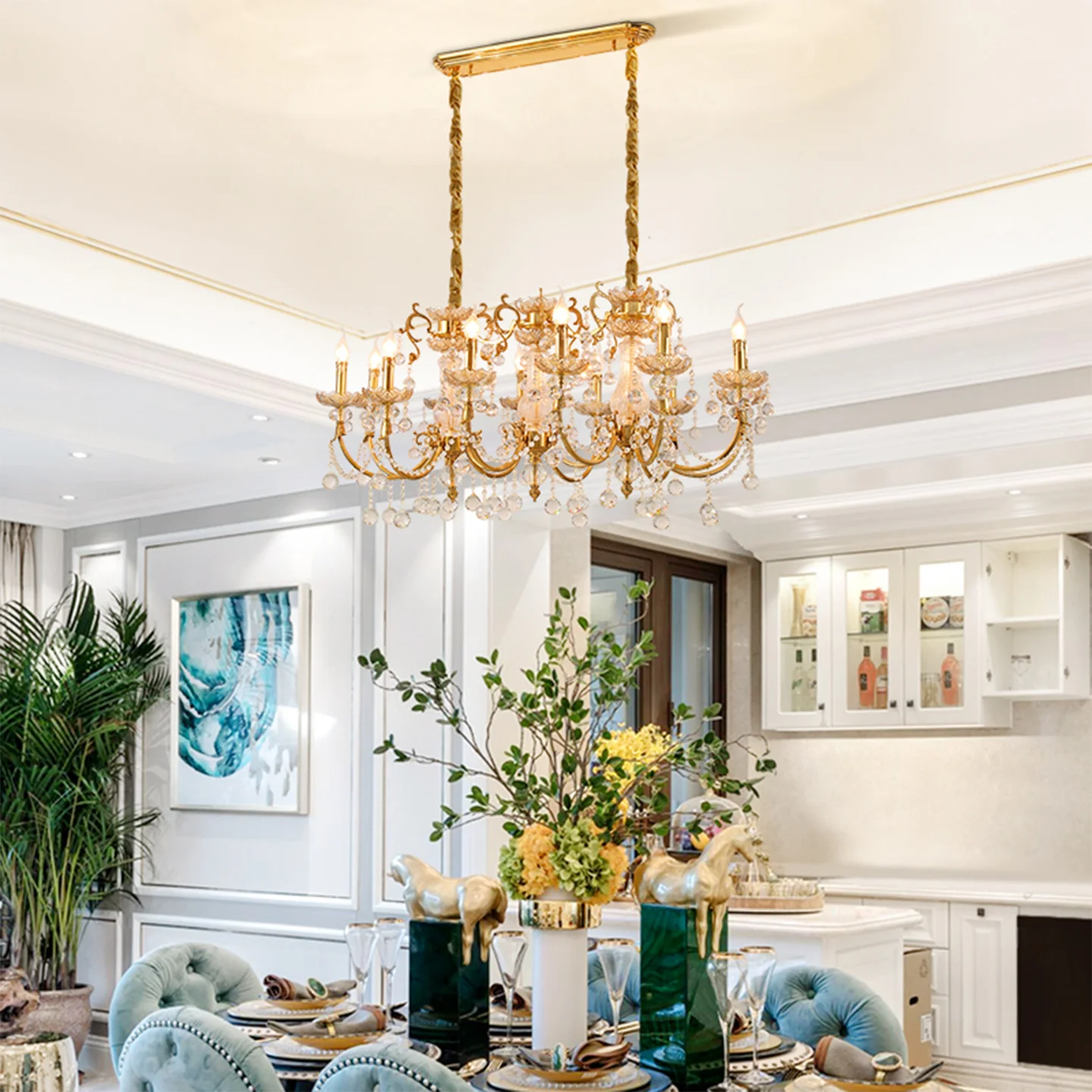 French Rococo Dining Room Island Long Strip Crystal Decor Chandelier Hotel Banquet Hall Brass Pendant Lamp
