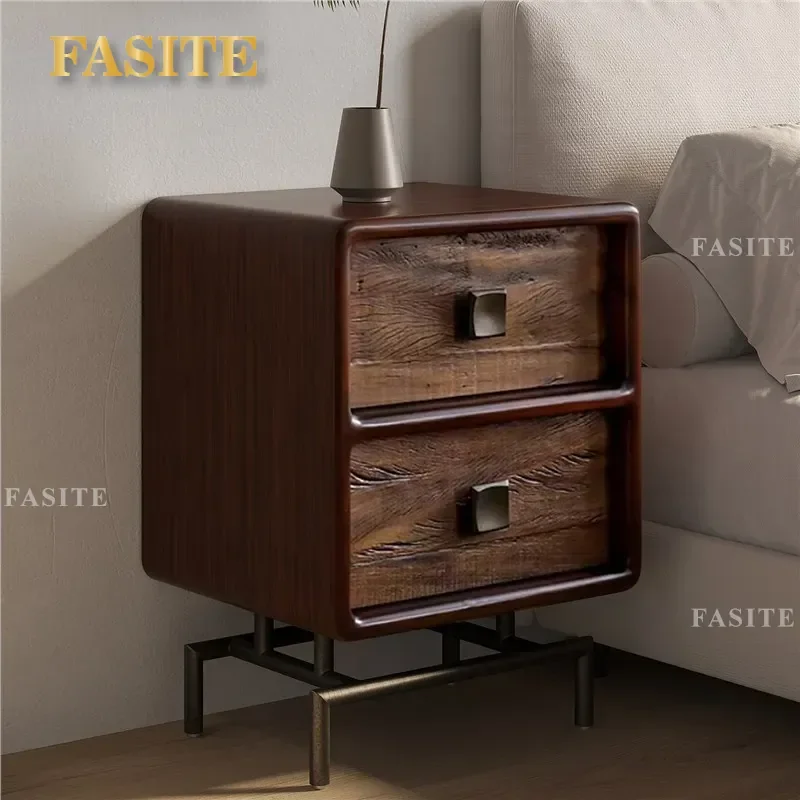Nordic Retro Country Style Double Drawer Bedside Table Small Antique Storage Cabinet for Bedroom Living Room Home Decor