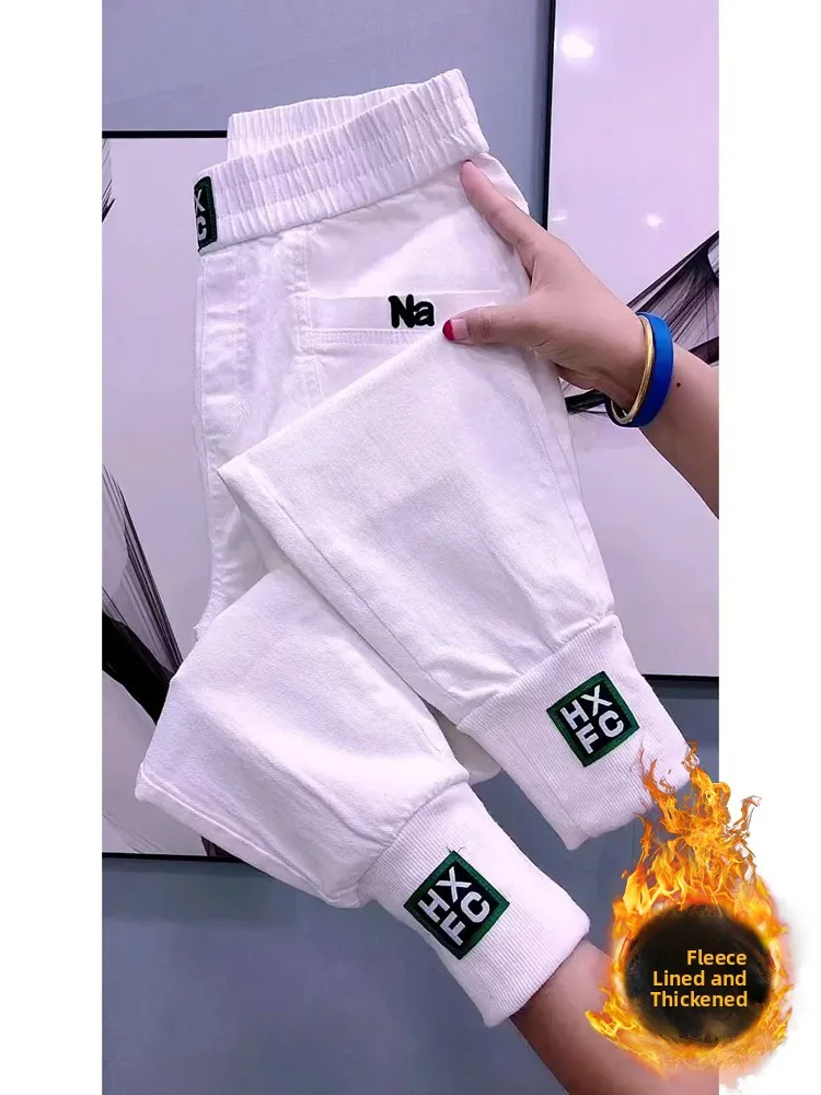 

White Cuffed Casual Harajuku Jeans Women's Elastic Waist Loose Fit Autumn Winter New Style Long Pants Korean Style Commute Wind