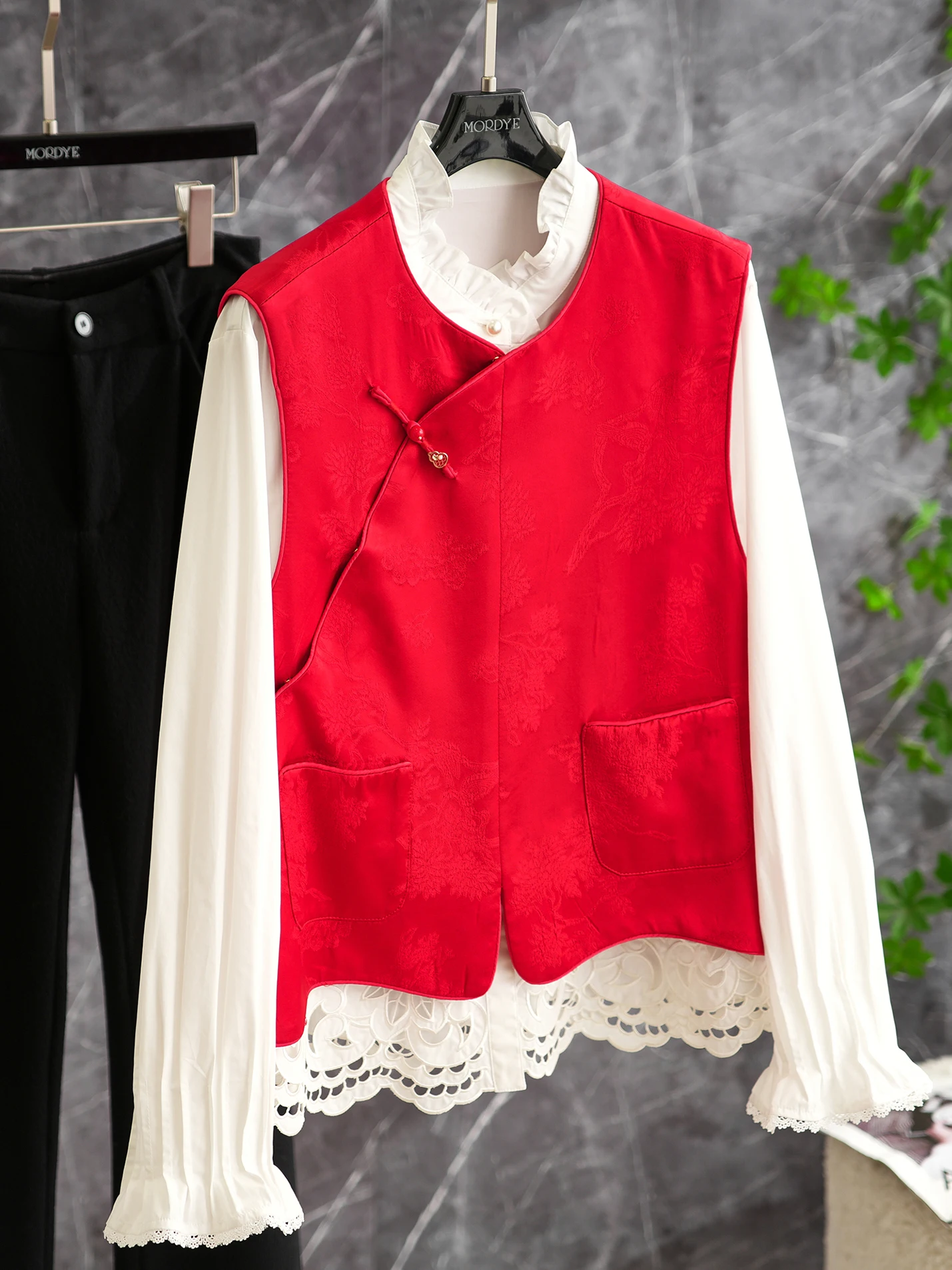 

Red Satin Embroidered Chinese Style Vest Light National Style Red Button Outerwear Women's Fashion Breathable Synthetic Fiber