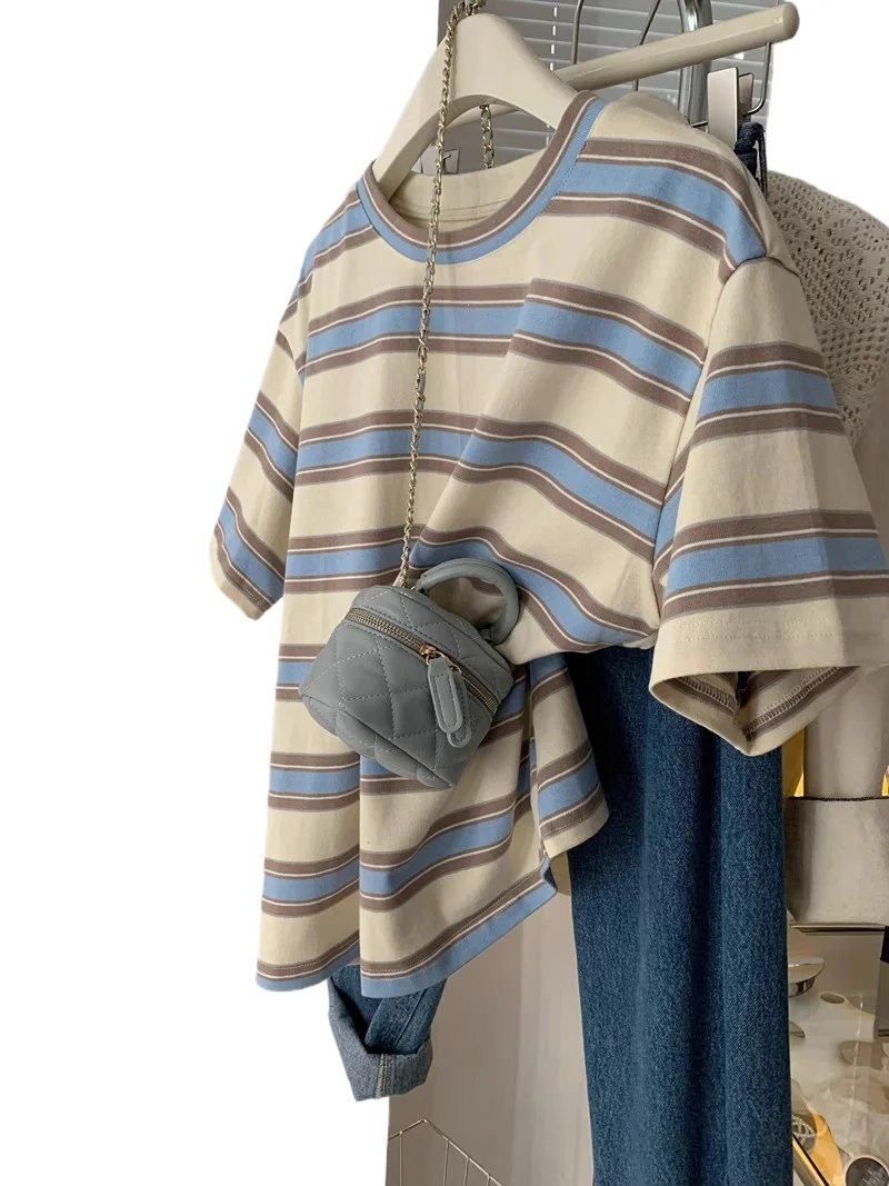 

Fashion Striped Short Sleeved T-shirt Women Spring Summer Loose Versatile Top Retro O-neck Casual Harajuku Student Tee