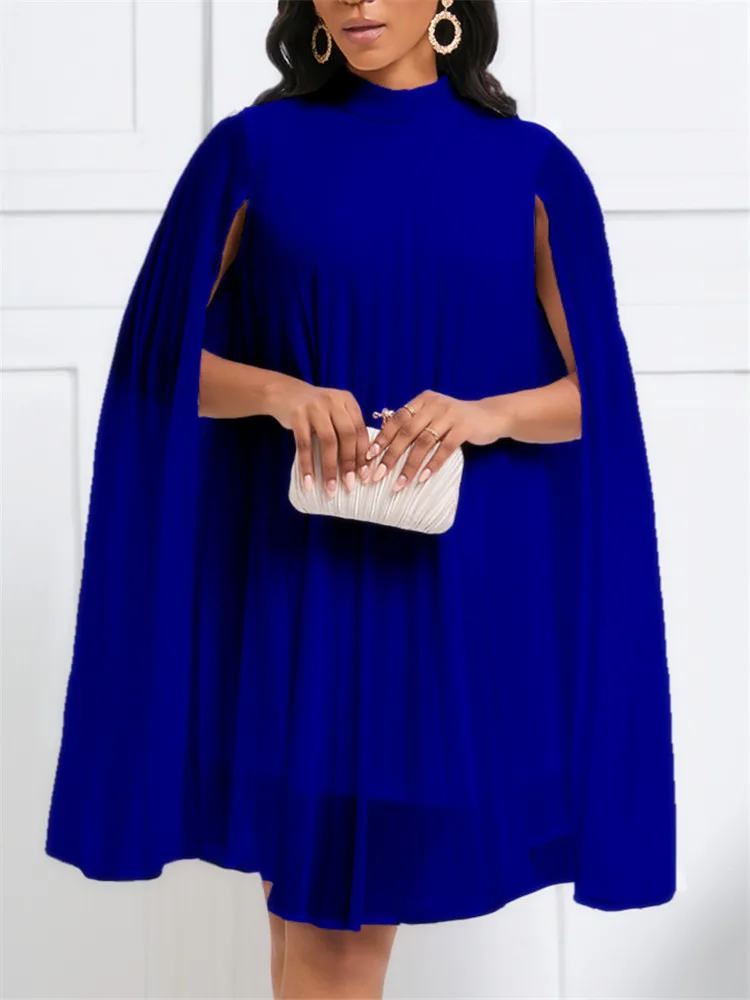 Stylish Chiffon Bat Sleeve Dresses 2025 New Mujer Cloak Large Size Dress Pleated Blue Knee Length Party Dresses Luxury O Neck