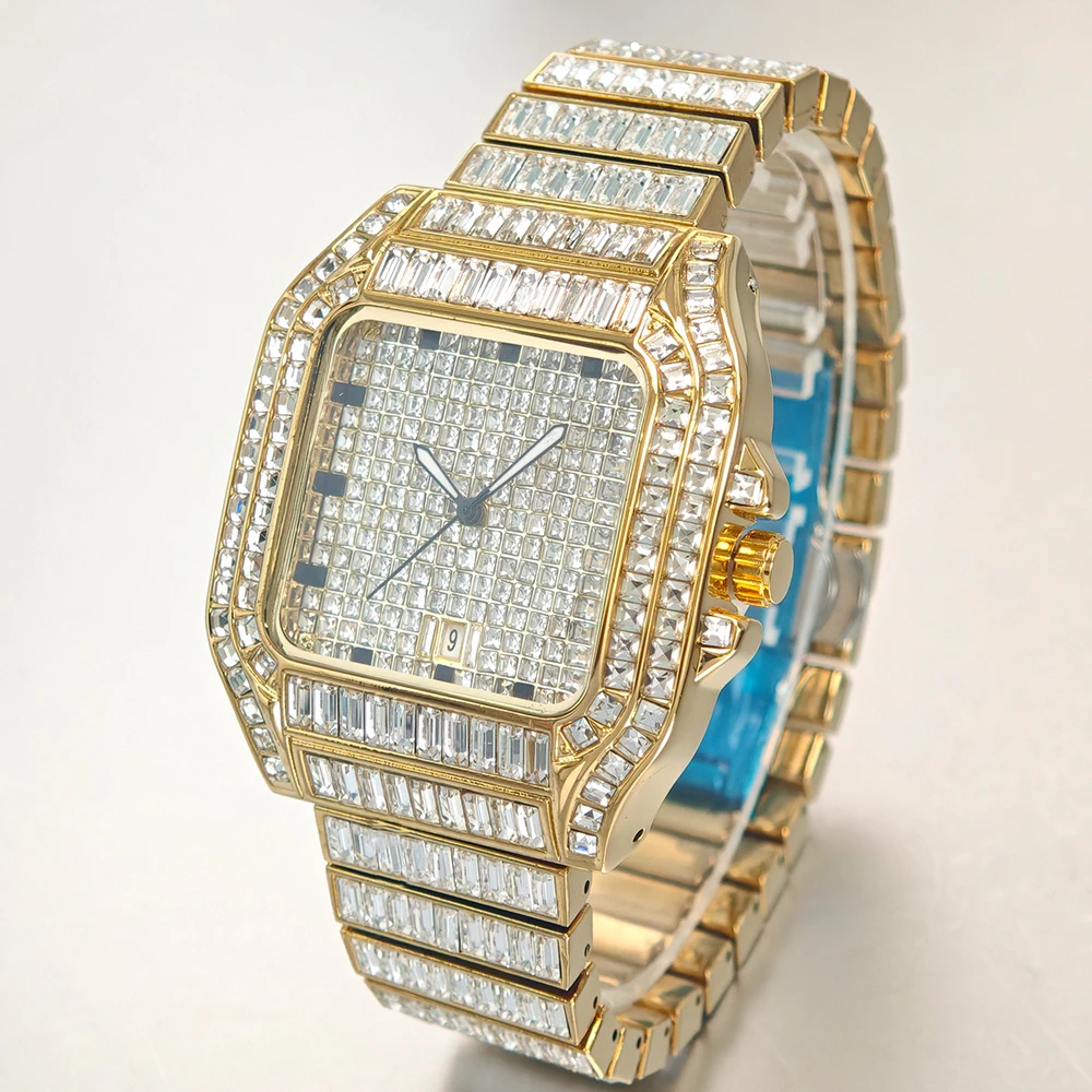 ساعة UNIGUET Rose Ice Square للرجال من الفولاذ المقاوم للصدأ ساعات كوارتز فاخرة للرجال هيب هوب مستطيلة من الماس والمجوهرات