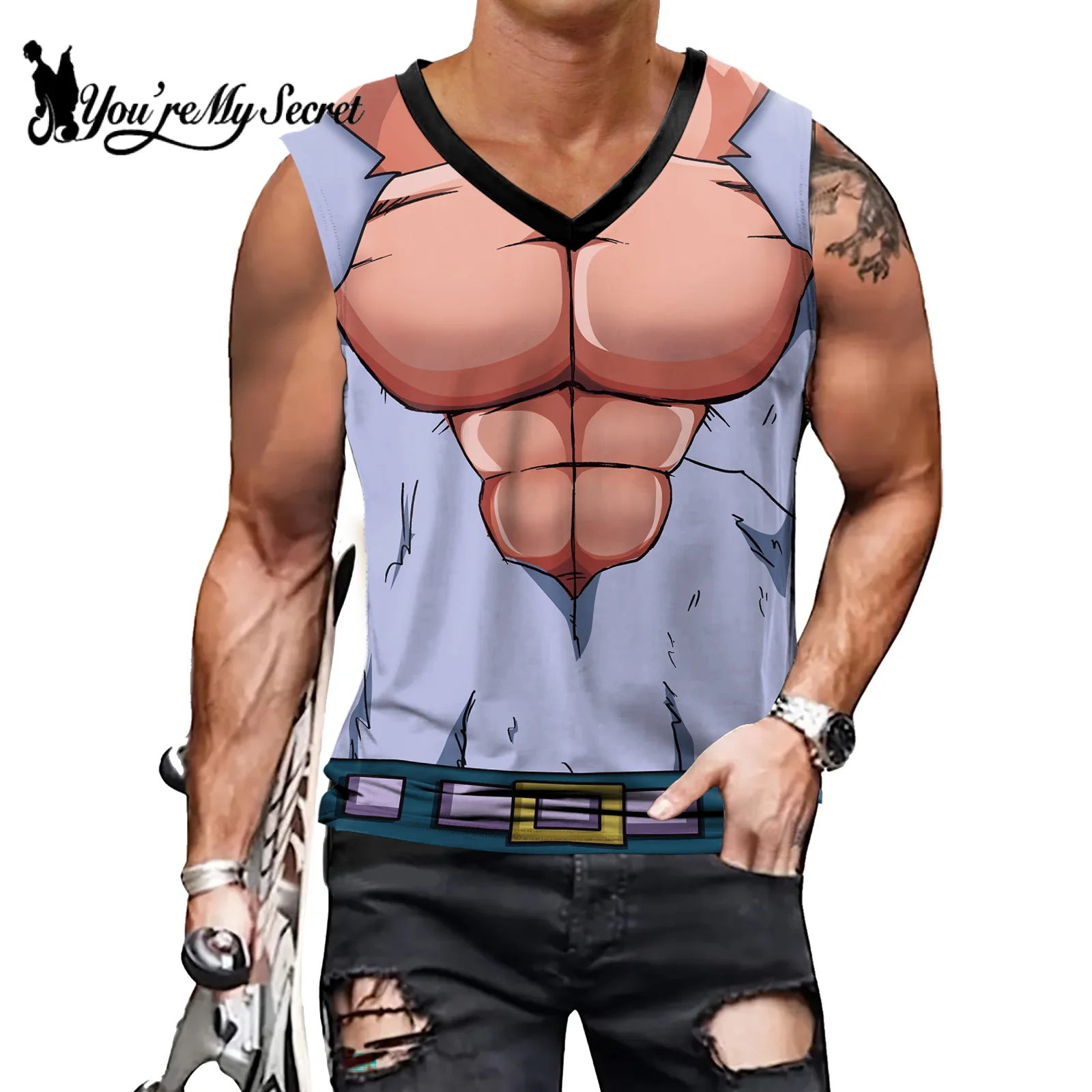 [Jesteś moim sekretem] japońskie anime superbohater Cosplay kamizelki z dekoltem w kształcie litery V męskie Fitness siłownia drukowane mięśni