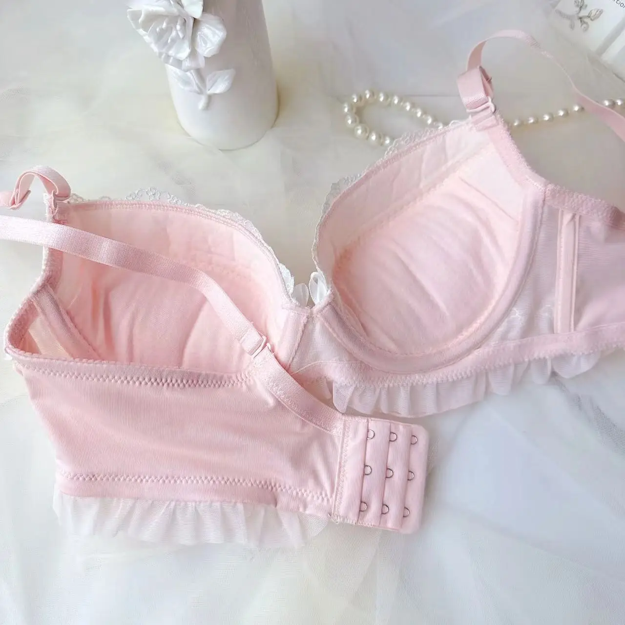 Super beautiful embroidery bras two-color thin cup college style student girls cute gathered sexy underwear bra set