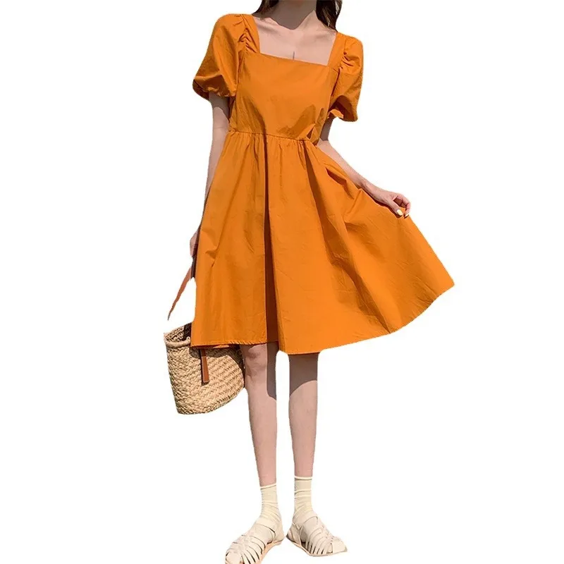 Dames Elegante Effen Kleur Jurk Zomer Korte Mouw Vintage Harajuku Katoenen Linnen Comfortabele Vierkante Hals Losse Lange Jurk D53