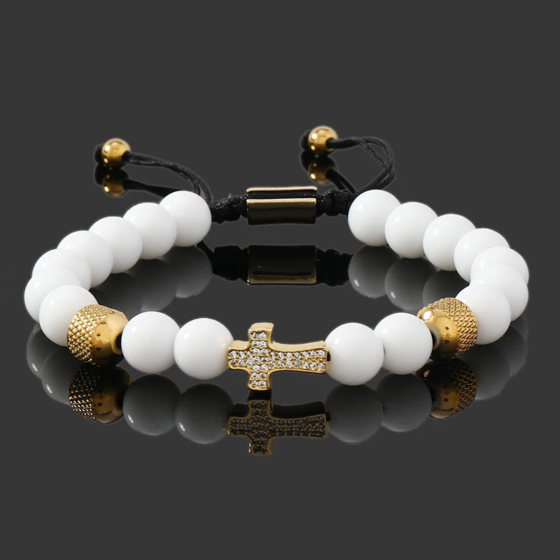 Luxury 8MM White Natural Stone Beads Crown Leopard Head Cross Skull Charms Man Bracelet For Women Hand Jewelry Gift