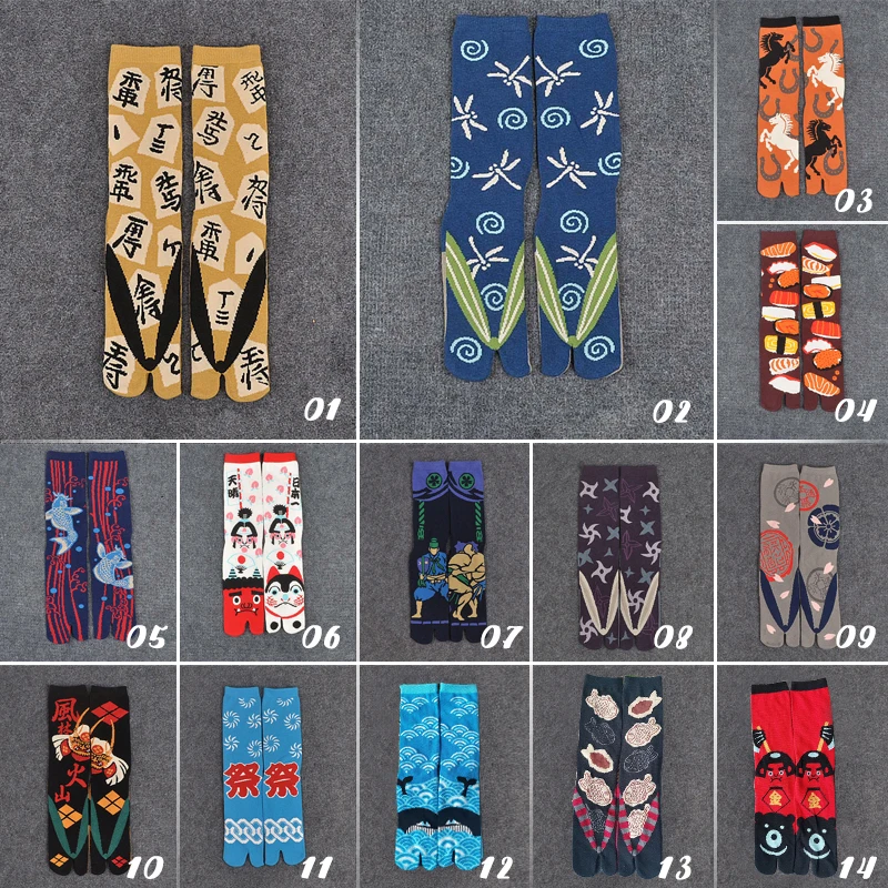 1 Pair Novelty Street Fashion Samurai Sandal Sock Women Men Two Toe Socks Japanese Style Harajuku Cartoon Middle Tube Tabi Socks