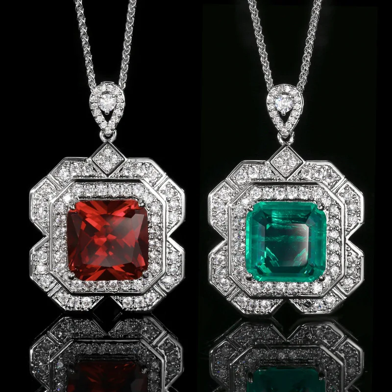 

Jewelry with copper base, gold-plated, red corundum and emerald vintage pendant, main stone 14*14