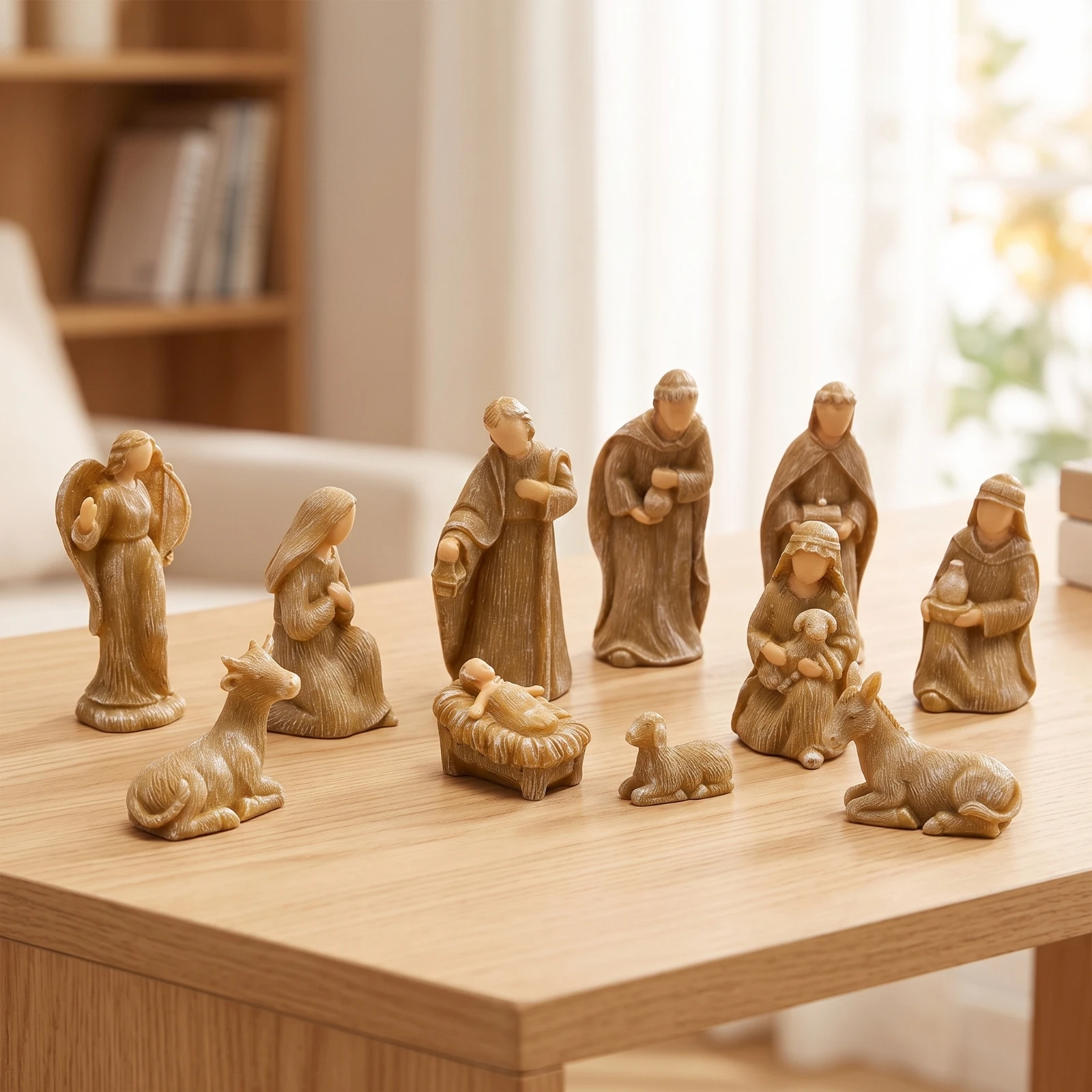 10 Pieces Nativity Figurine Set Tabletop Christmas Nativity Set Manger Display with Religious Figures Carved-Look Ornament