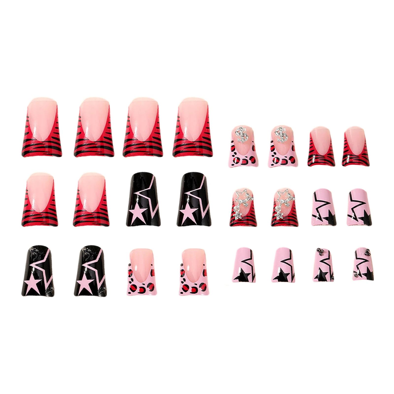 Pink Black Duck Bill Fake Nails with Star Printed with Harmless and Smooth Edge Nails for Daily and Parties Wearing