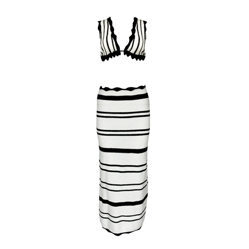 Summer Holiday Two Piece Set Women Knitted Beach Maxi Skirt Sexy Backless Slim Crop Tops Lady Fashion Striped  Bohemian Outfits