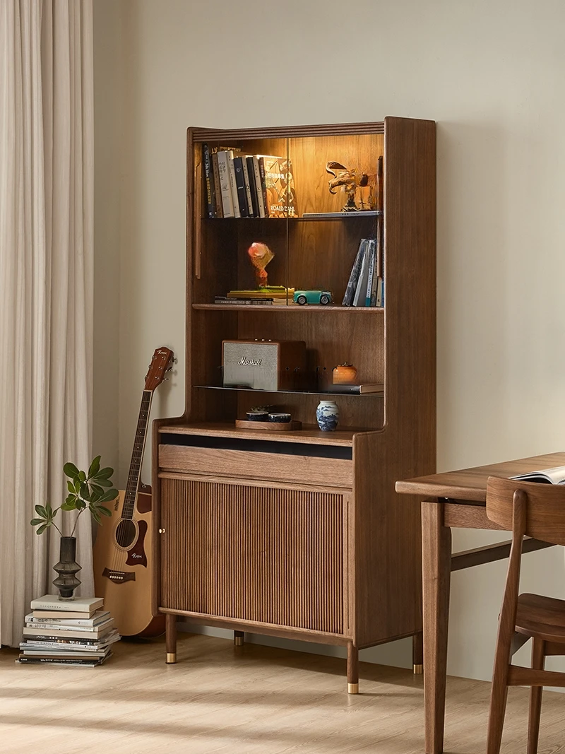 Solid Wood Bookcase Glass Door Dustproof Display Cabinet Black Walnut Wooden Storage Cabinet