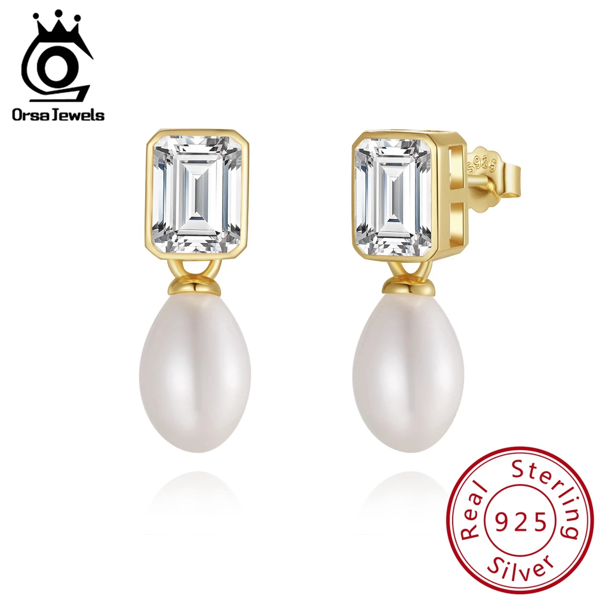 

ORSA JEWELS Genuine 925 Sterling Silver Shiny CZ Earrings with Irregular Baroque Pearls for Women Birthday Gifts Jewelry GPE64