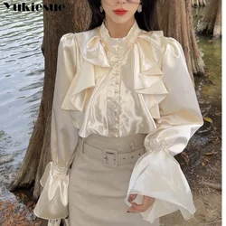 Spring Autumn Women New Retro Fashion Ruffled O-Neck Embroidered Blouses Buttoned Ladies Temperament Trumpet Sleeves Shirt Tops