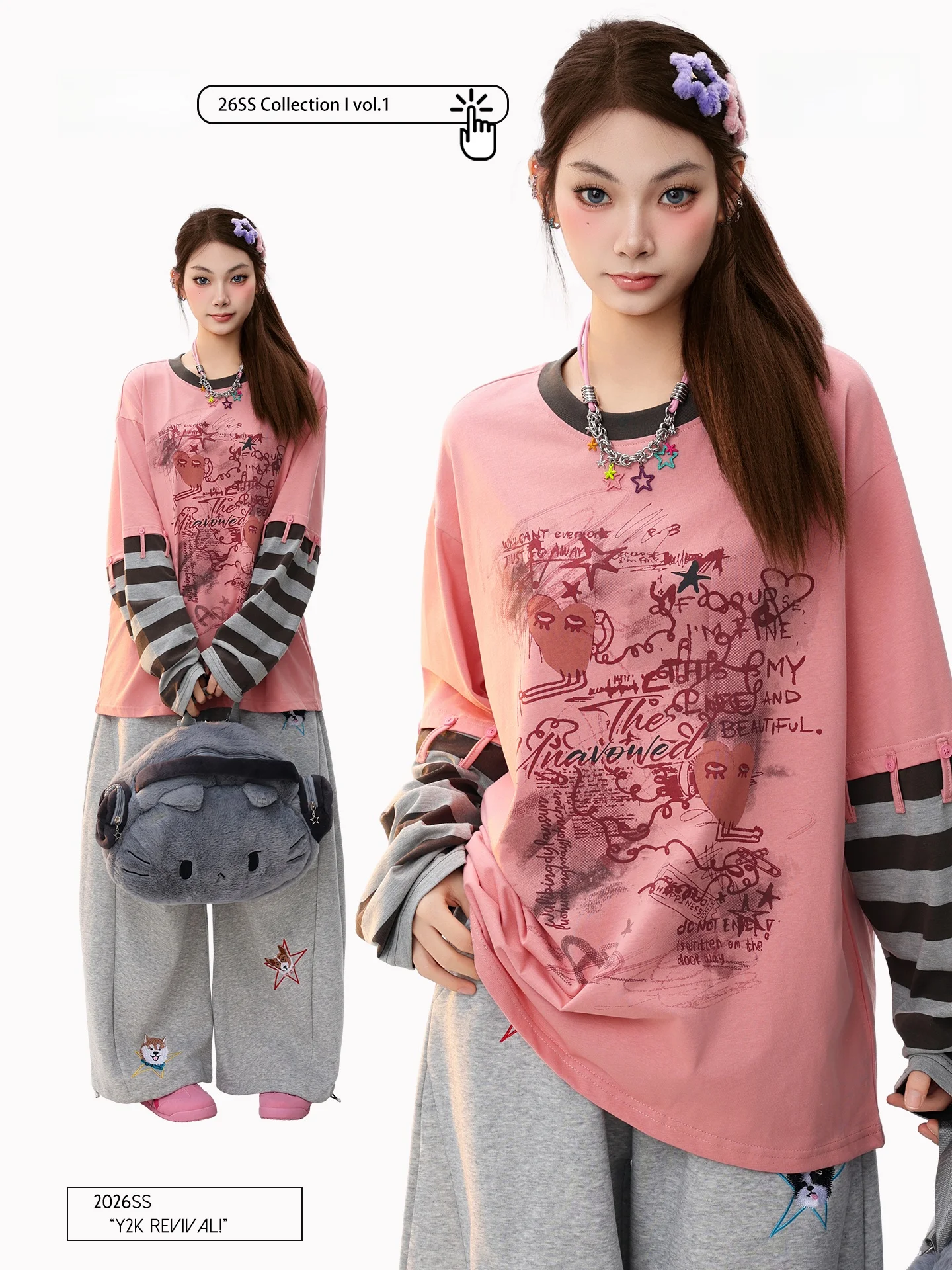 

Ретро-американская женская футболка с длинным рукавом, в полоску, с лоскутным узором, розовая, с креативным принтом, повседневная, из хлопка