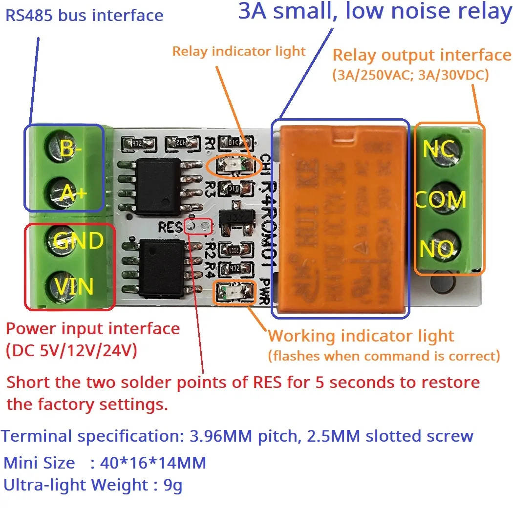 3A Mini Size Low Noise 5V 12V 24V RS485 Relay Board Modbus Rtu Remote IO 110V 120V 220V Small Electronic Switch
