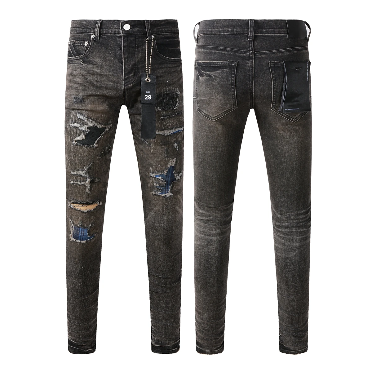 Fashion top quality Purples Jeans Men High Street Paint Dot Knife Cut Hole Repair Low Rise Skinny Denim Brand Pants