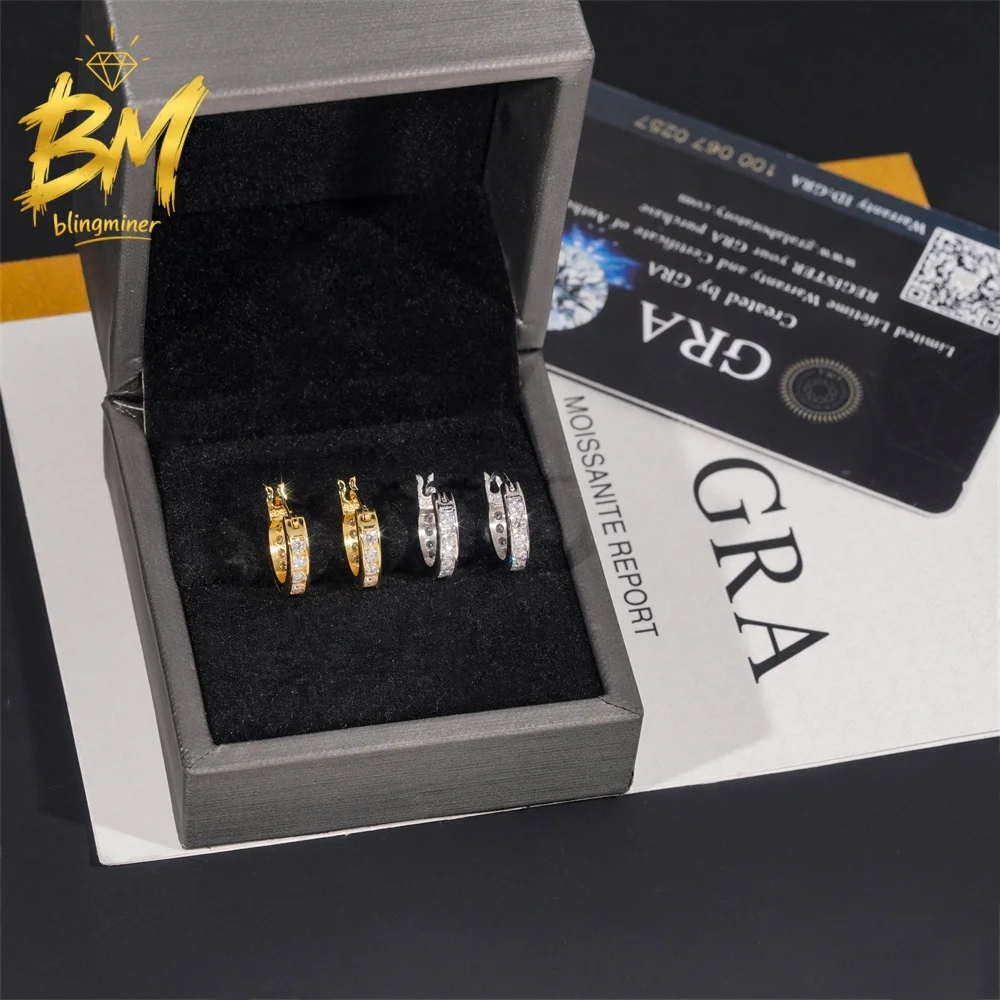 Blingminer S925 Silver Fine Hoop VVS Moissanite Earrings For Men Women Ear Studs Jewelry Pass Diamonds Tester GRA Free Shipping