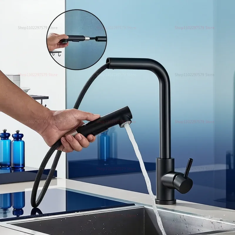 Upgraded Pull Out Telescopic Rotary Kitchen Faucet Dual Mode Hot Cold Water Stainless Steel Easy Install Durable Modern Kitchen