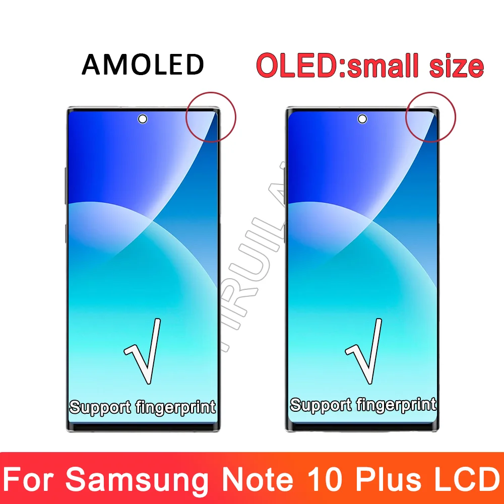 AMOLED TFT 노트 10 플러스 스크린, 삼성 노트 10 + LCD 디스플레이, 5G N976F 터치 스크린, 프레임 지지대 S 펜, 지문 포함