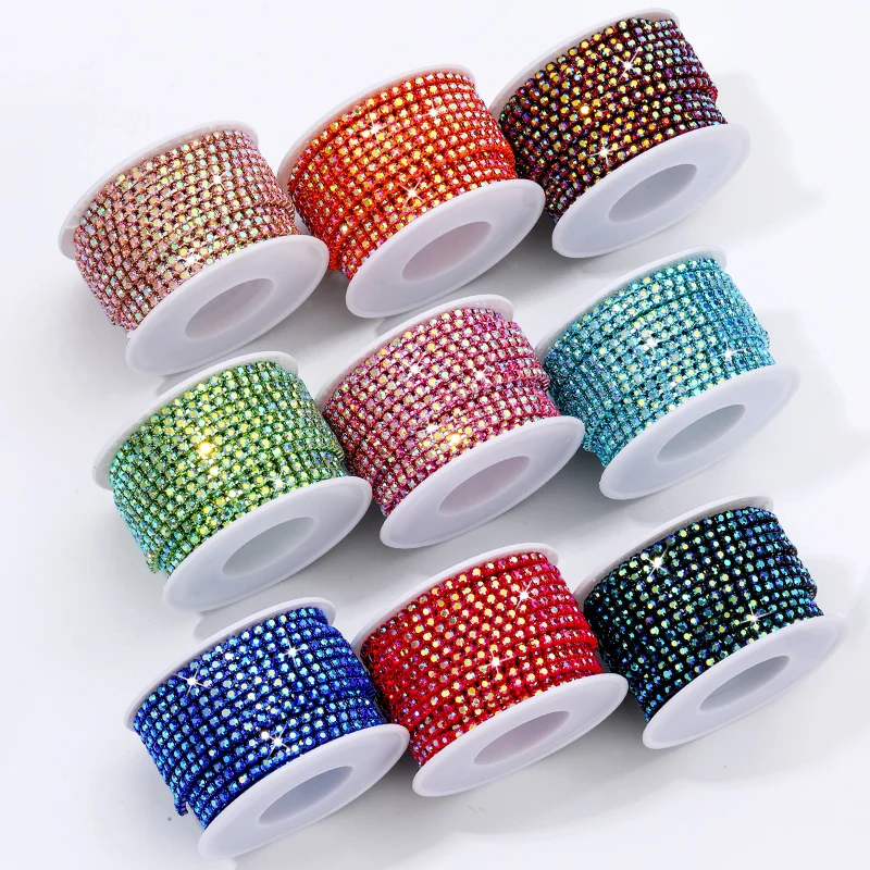 

DUCRYSTAL 10Yards/Roll Crystal Rhinestone Chains SS6/SS12 Color Flatback Base Trimming Rhinestone Glass Chains for Sewing Craft