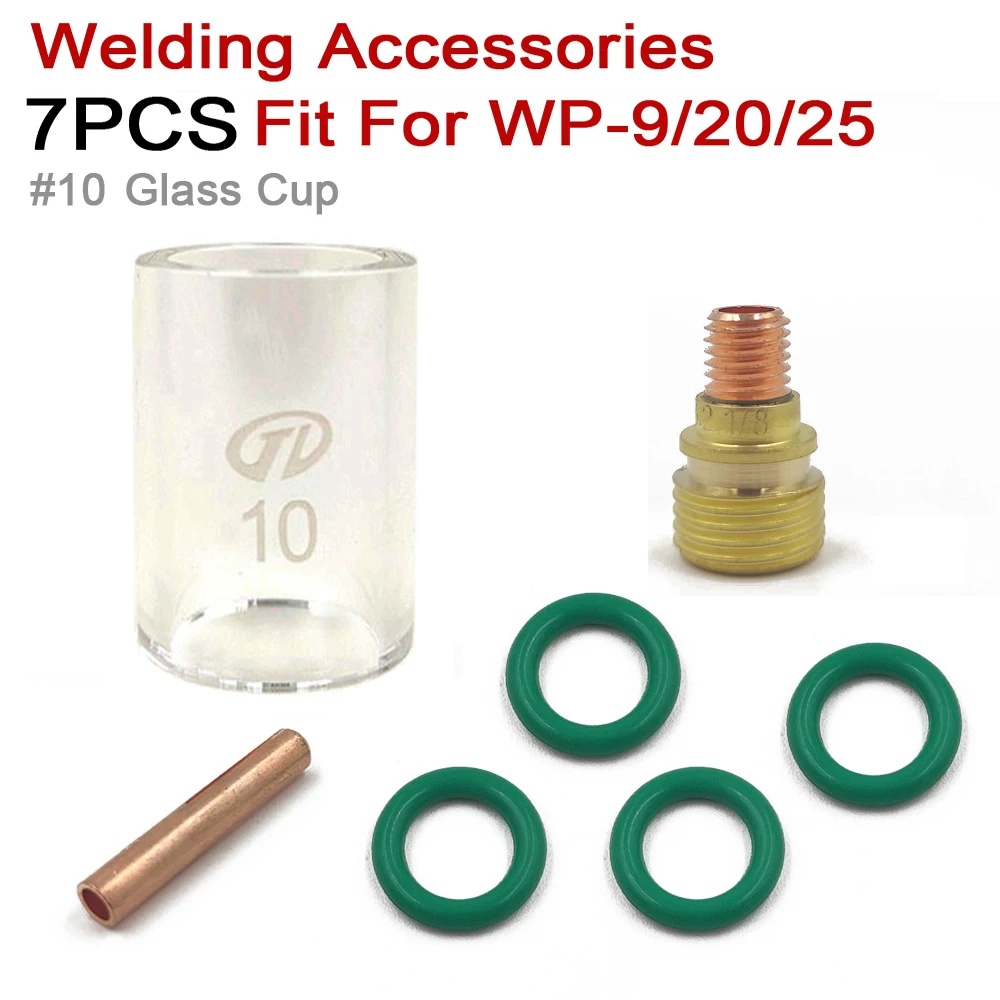 7pc TIG Welding Torch Stubby Gas Lens #10 Glass Cup Contact Tips For WP-9/WP-20/WP-25 Tool Parts #10 Heat Resistant Cup