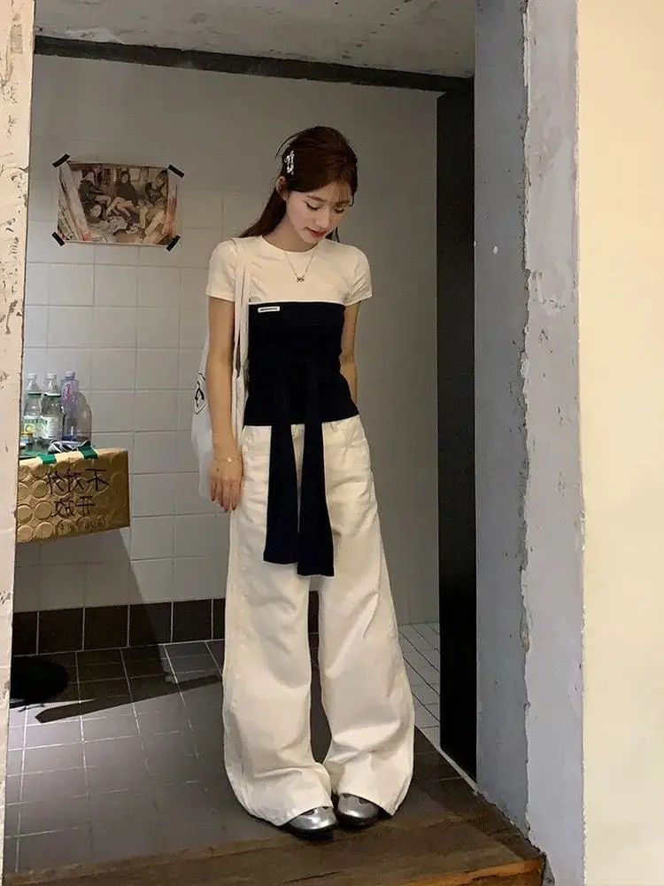 

Slimming Splice Color Blo Tie ort Sve T irt Women's Summer New Sle Cotton Pure oulder Level Top