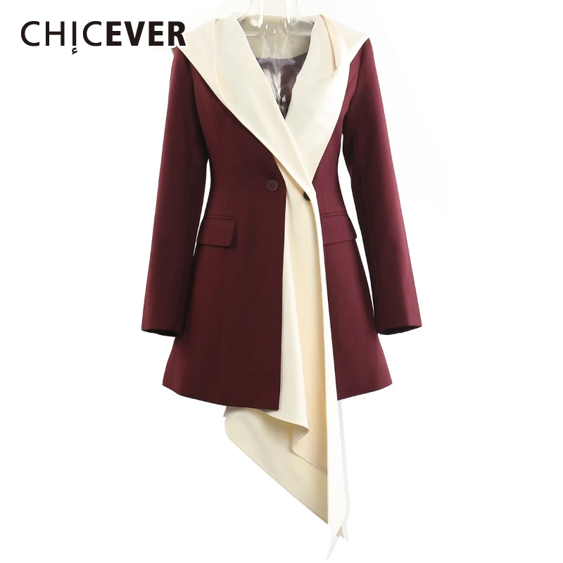 

CHICEVER Vintage Spliced Fake Two Piece Coats for Women Hooded Long Sleeve Patchwork Button Irregular Midi Blazer Female Clothes