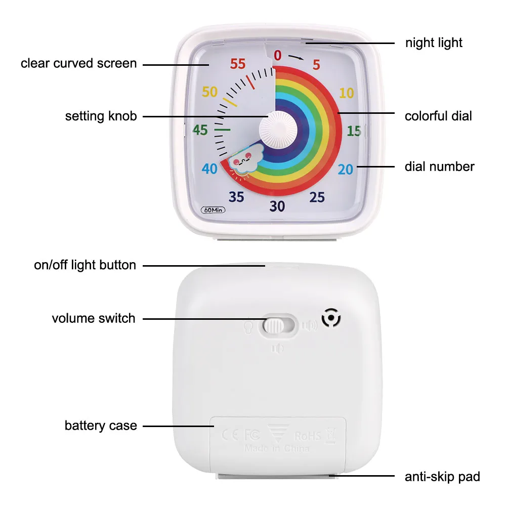 Herramienta de gestión del tiempo de recordatorio para niños, temporizador Visual con luz nocturna, despertador Ultra silencioso, temporizador de cuenta regresiva de 60 minutos