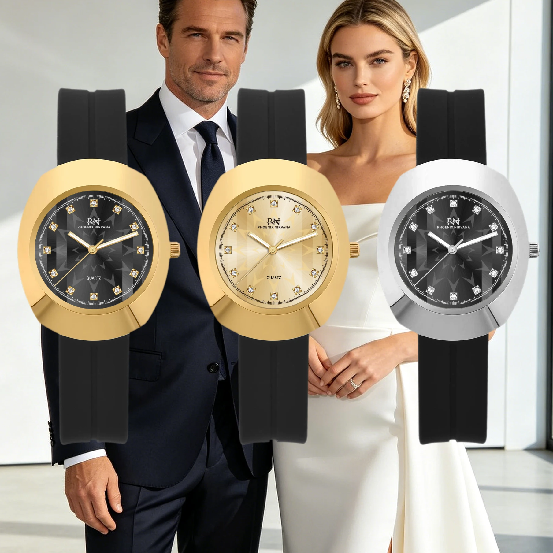 Unisex Watch Light Luxury Diamond Index Silicone Strap Retro Oval Wristwatch 30M Waterproof Quartz Watch Men's and Women's Worl