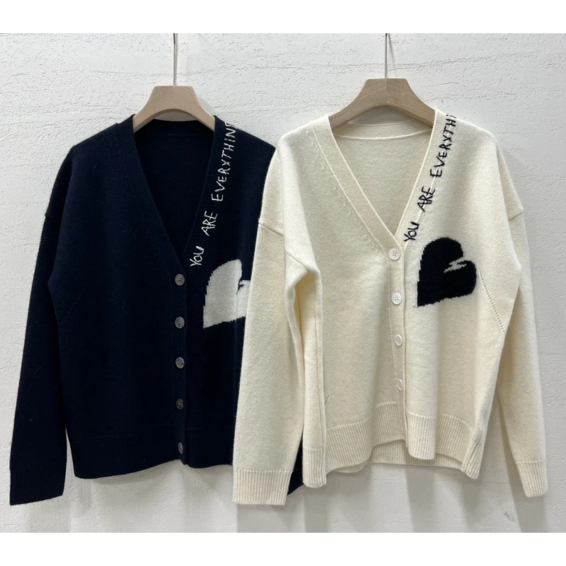 Navy Blue Cardigan Female V-Neck Apricot Cashmere Sweater Women Casual Letter Embroidery Sweaters Classic Love Long Sleeve Tops