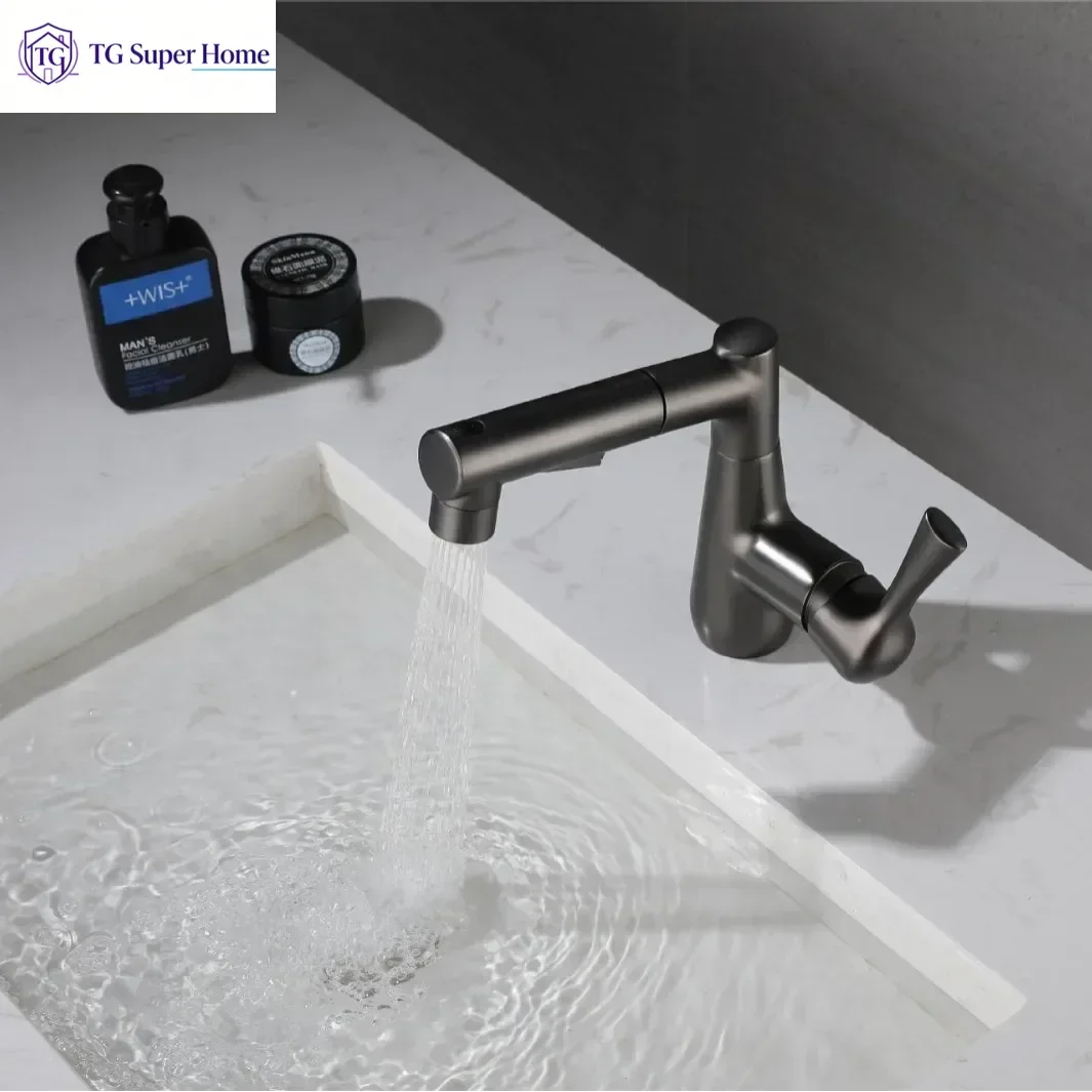 Pull-out Multi-Function Adjustable Faucet with Hot and Cold Water Outlets, Bathroom Spray Head, Gray, Sink