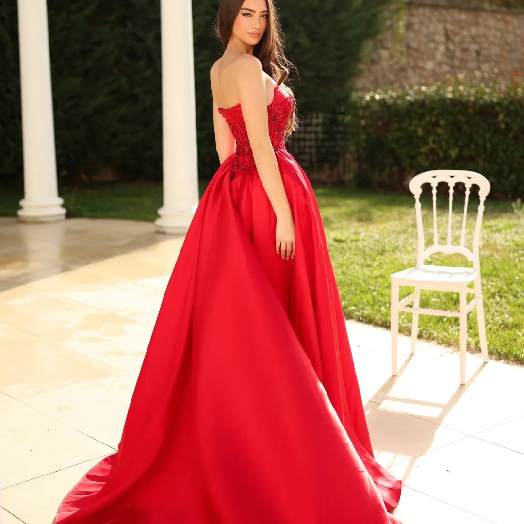 Amanda Customized Red Strapless Prom Dress with Beaded Embroidered Bodice Voluminous Satin Ball Gown with High Slit Elegant