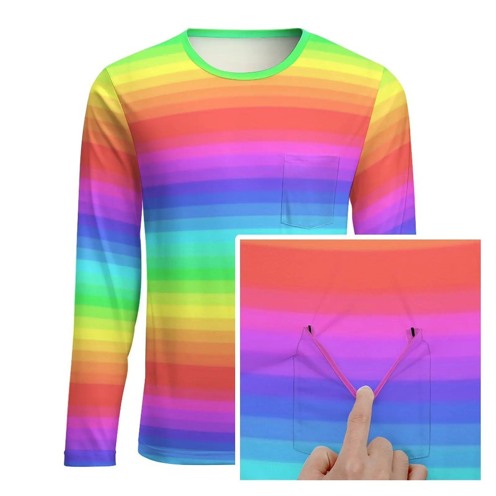 Bright Rainbow T Shirt With Pocket Colorful Stripes Print Cool T-Shirts Man Streetwear Tee Shirt Long Sleeve Graphic Top Tees