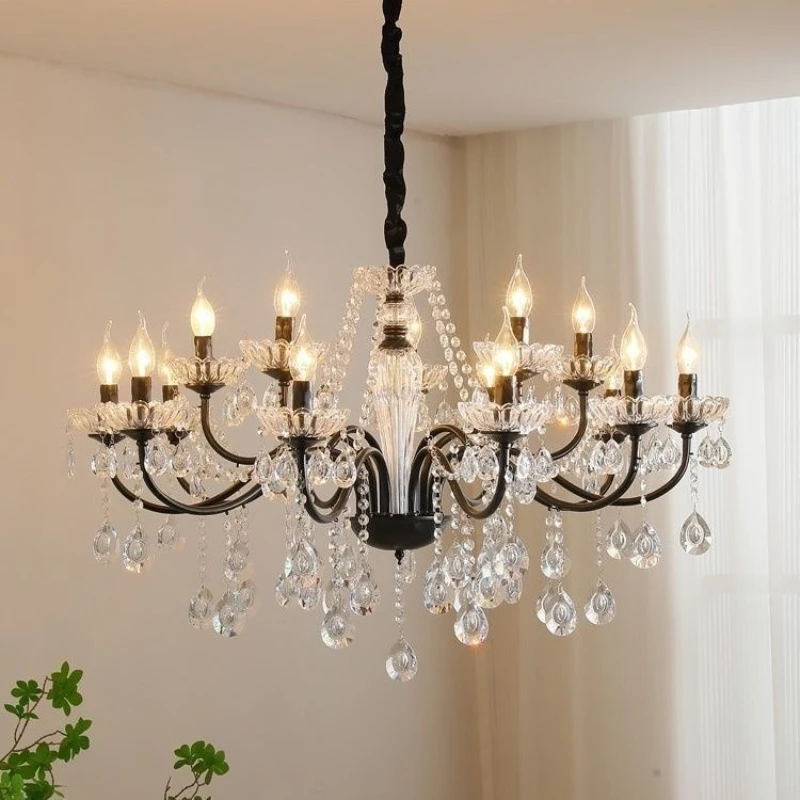 Painted Black Candle E14 Chandelier Lustre Luxury K9 Crystal Pendant Light French Living Room Hanging Lamp Led Luminarias Lam