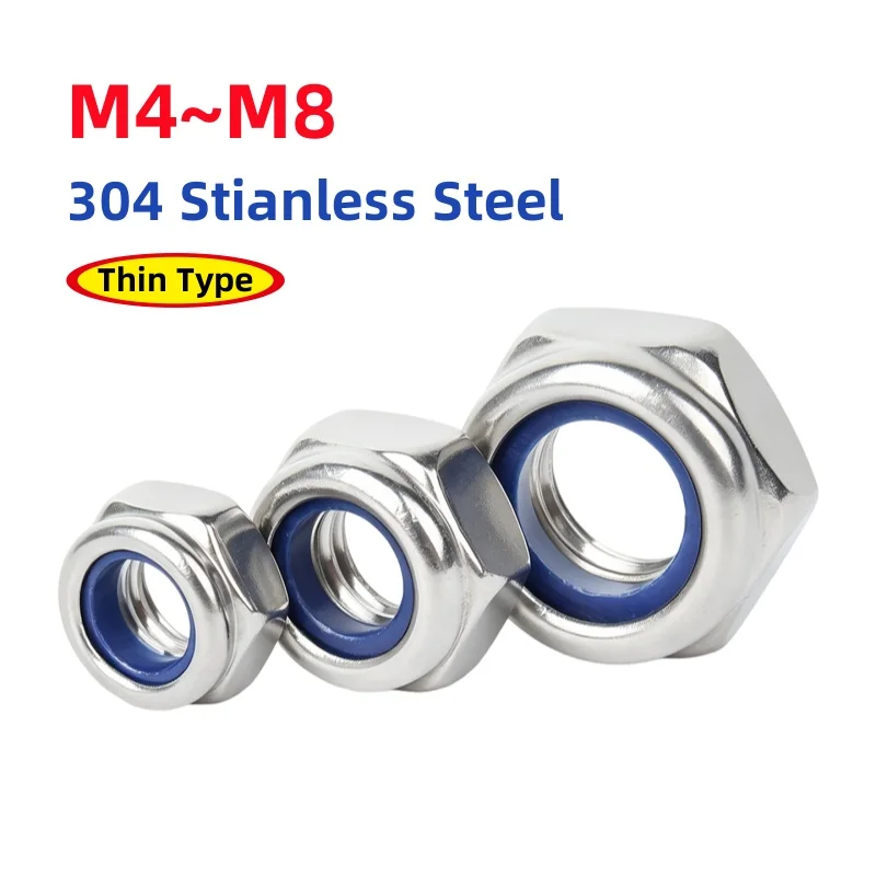 M4 M5 M6 M8 304 Stianless Steel Thin Hex Nylon Lock Nuts Hexagon Hex Self-locking Nylock Nut Locknuts