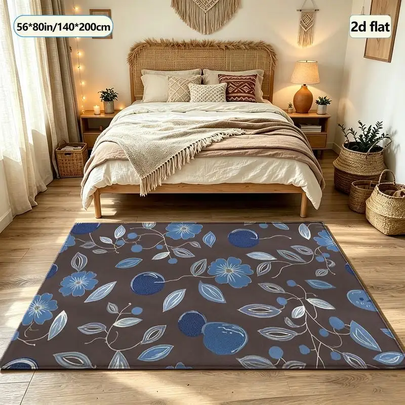 Brown Background with Blue Floral Fruit Pattern Seamless Carpet, Vintage Square Carpet, Non-Slip Ethnic Decorative Rug Suitable for Living Room and Bedroom