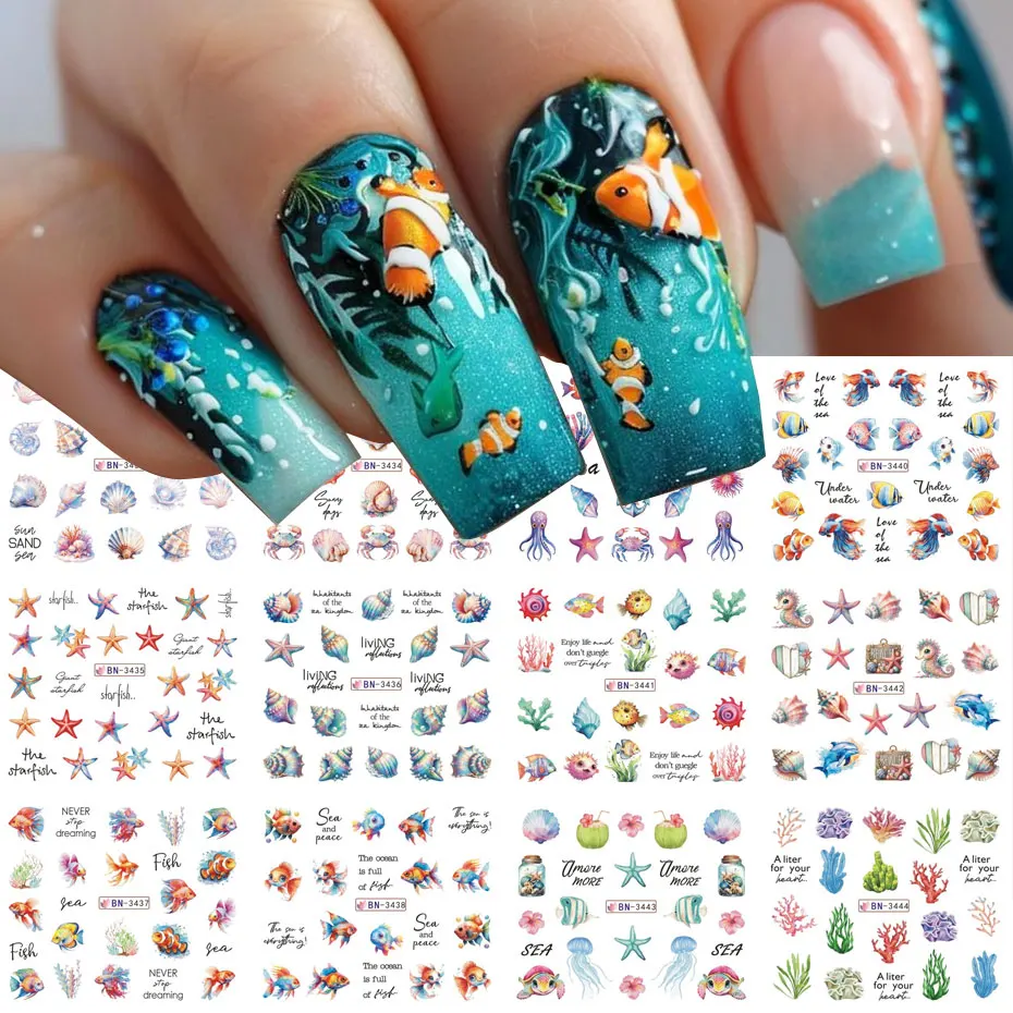12 Design Ocean Creature Water Nail Sticker Cartoon Summer Sea Fish Shell Seaweed Nail Decals Cute 3D Nail Transfer Water Slider