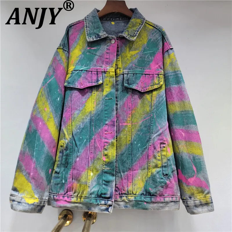 

ANJY 2025 Autumn Winter New Women American Personalized Fashion Painted Beaded Washed Denim Jacket Trendy Mid-Length Coat A15202